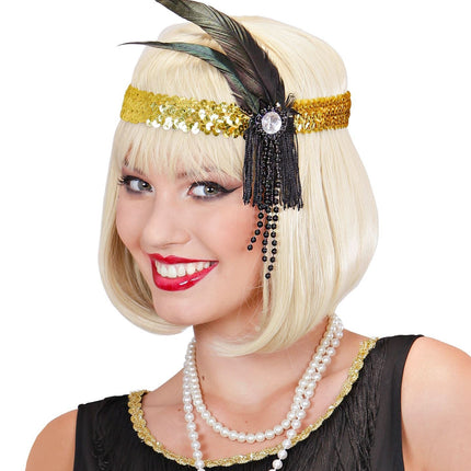 Goldenes Stirnband mit Pailletten und Federn
