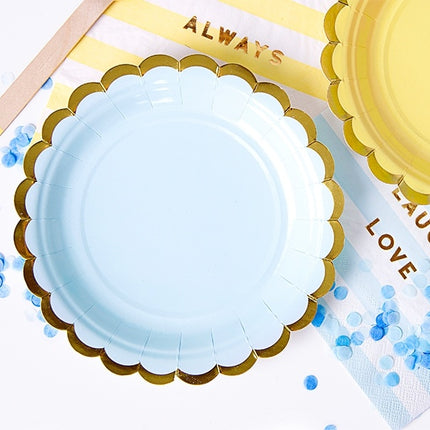 Hellblaue Teller aus Pappe Gold 18cm 6 Stk.