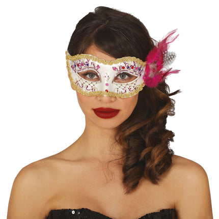 Maske Weiß Rosa Federn