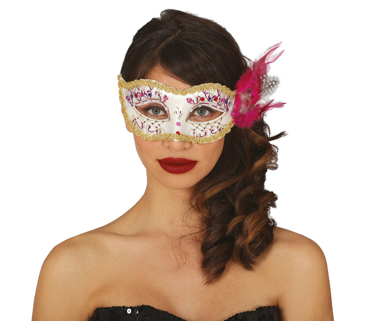 Maske Weiß Rosa Federn