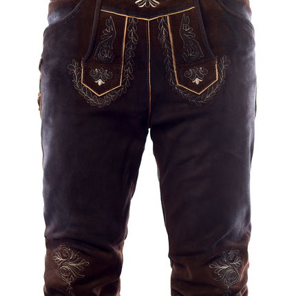 Lederhose Leder Lang Dunkelbraun Genäht und Hosenträger