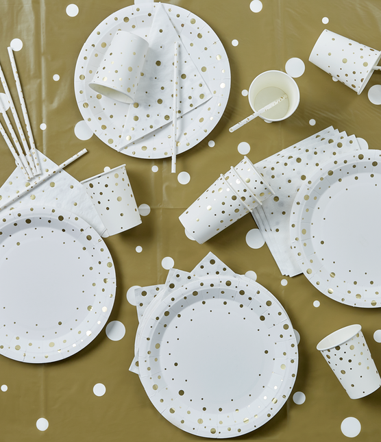 Papierstrohhalme Gold Dots Weiß 20cm 8pcs