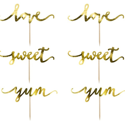 Cupcake Toppers Gold Sweet Love Yum 13cm 6 Stk.