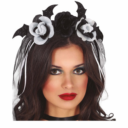 Halloween Haarband Schwarz Weiß Blumen Und Schleier