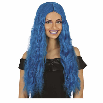 Blaue Perücke Langes Haar gewellt