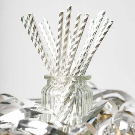 Papierstrohhalme Silber gestreift 19,7cm 20Stk