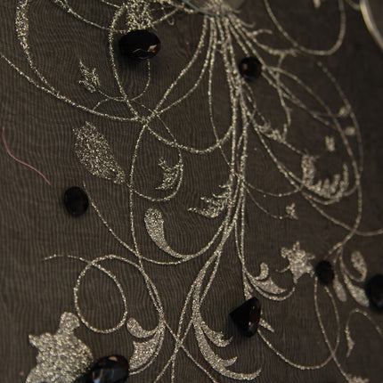 Schwarzer Organza-Stoff Silberne Blumen 36cm 9m