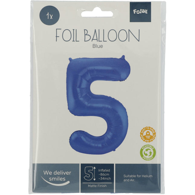Folienballon Figur 5 Matt Blau XL 86cm leer