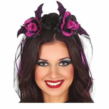 Schwarzer Halloween-Haarreif mit lila Blumen und Schleier