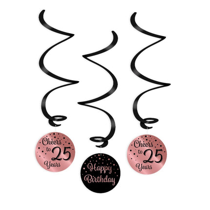 Hängende Dekoration 25 Jahre Happy Birthday Schwarz Rosa 17cm 3Stk.
