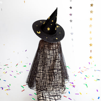 Schwarz-goldener Halloween-Hexenhut