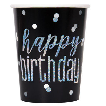 Happy Birthday Becher Schwarz Glitter 266ml 8Stück