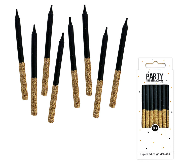 Kerzen Glitter Dip Schwarz Gold 8cm 16Stück