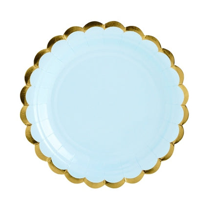 Hellblaue Teller aus Pappe Gold 18cm 6 Stk.