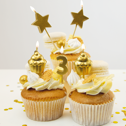 Kerzen 3 Jahre Cupcake Gold 17,5cm