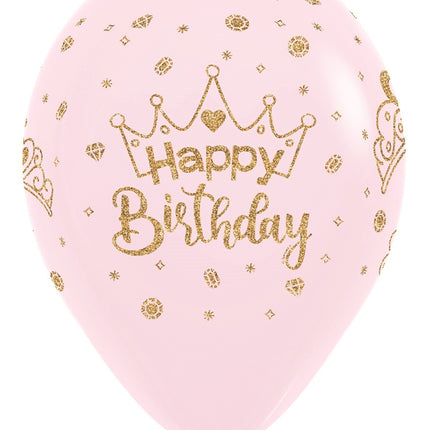 Ballons Happy Birthday Kronen Glitzer Tinte Pastell Matt Rosa 30cm 25Stk