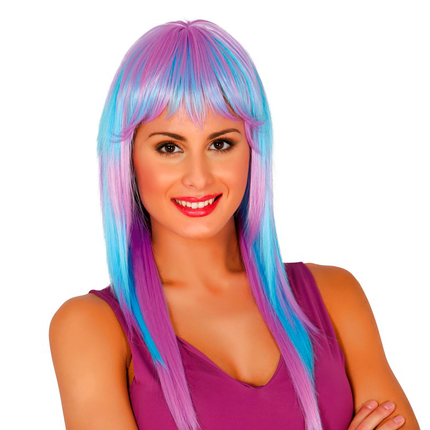 Perücke Langes Haar Blau Rosa