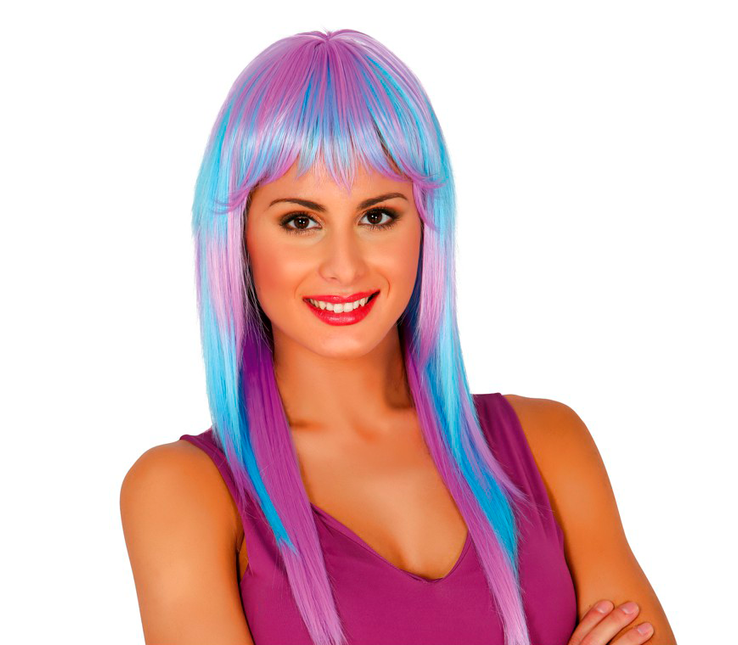 Perücke Langes Haar Blau Rosa