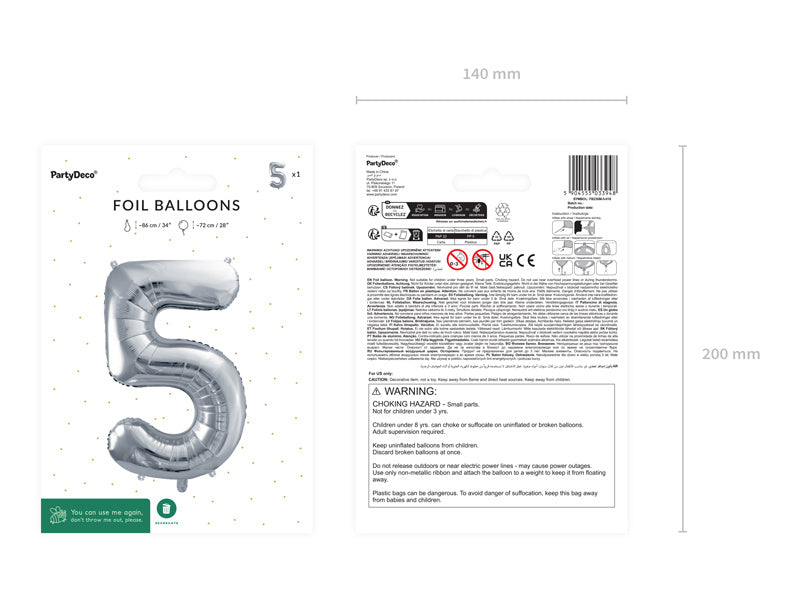 5 Jahre Figur Ballon Silber Leer 72cm
