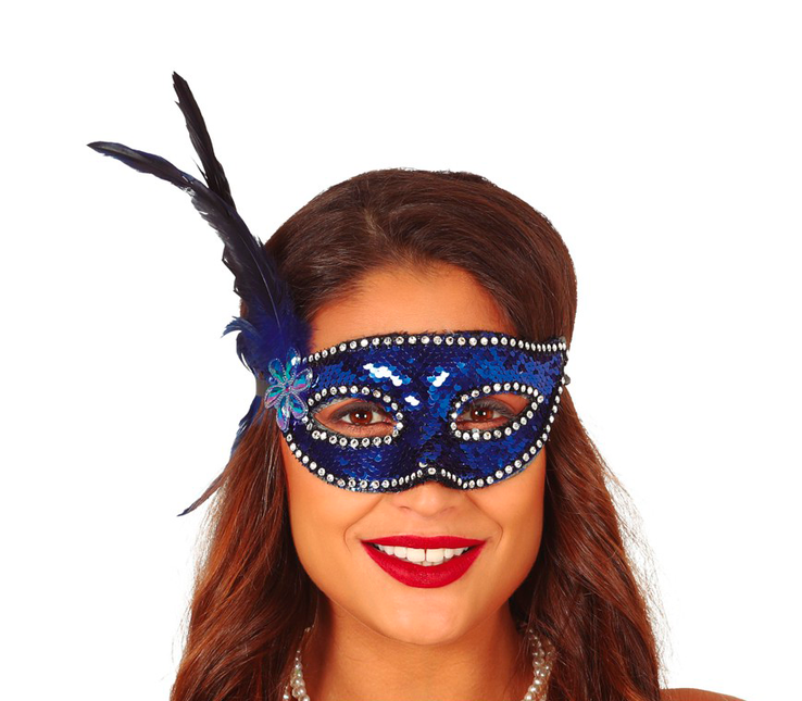Maske Federn Blau Pailletten
