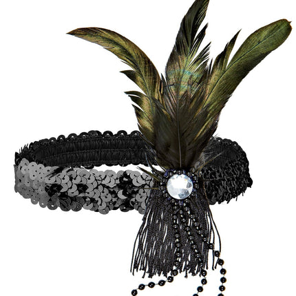 Schwarzes Stirnband mit Pailletten und Federn