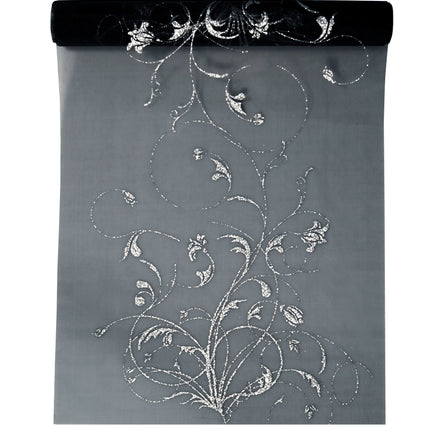 Schwarzer Organza-Stoff Silberne Blumen 36cm 9m