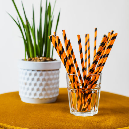 Papierstrohhalme Orange/Schwarz Gestreift 19,7cm 20Stk.