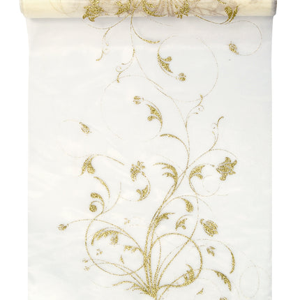 Vanille Creme Organza Stoff Gold Blumen 36cm 9m
