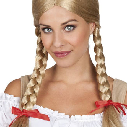Blonde Perücke mit Zöpfen und Schleifen