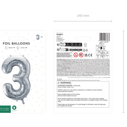 3 Jahre Figur Ballon Silber Leer 72cm