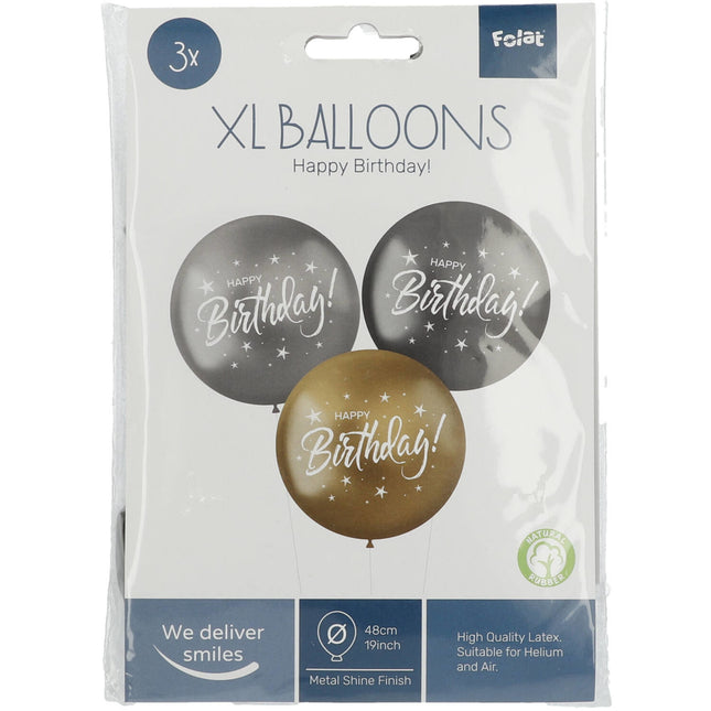 Ballons Happy Birthday Schwarz Silber Gold 48cm 3Stück