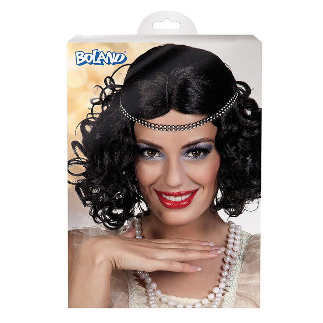 Schwarze Perücke Flapper mit Stirnband