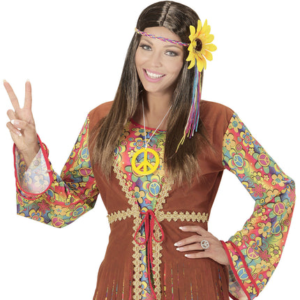 Hippie 60S Perücke Braun mit Sonnenblumen-Haarband