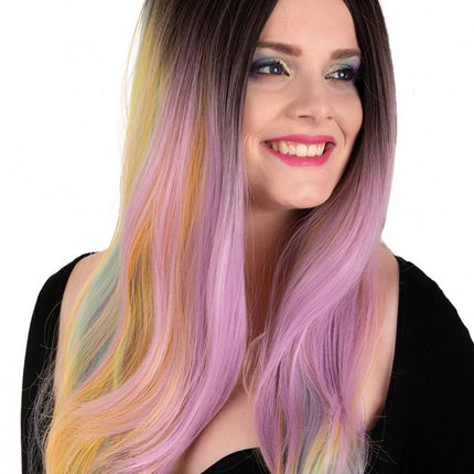 Perücke Selena Lang Mit Locken Pastell Regenbogen