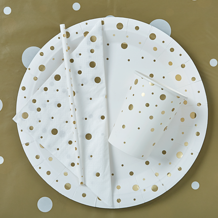 Papierstrohhalme Gold Dots Weiß 20cm 8pcs
