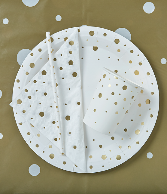 Papierstrohhalme Gold Dots Weiß 20cm 8pcs