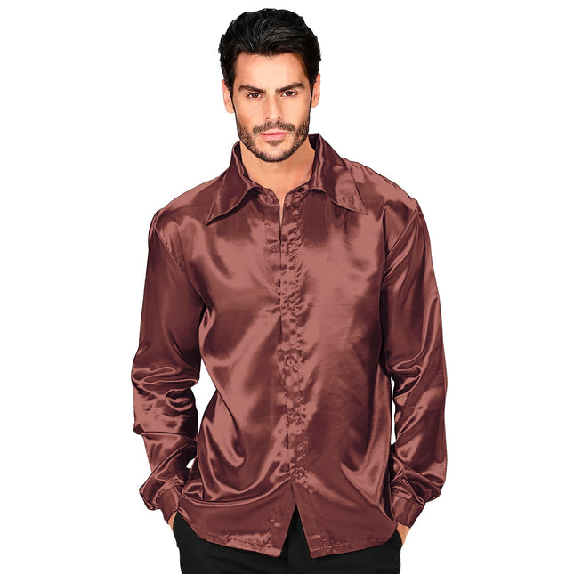 Disco 70S Bluse Braun Herren Satin