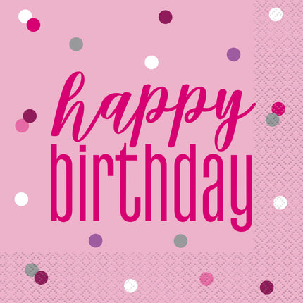 Geburtstagsservietten Happy Birthday Rosa 33cm 16Stück