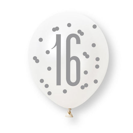 6ct Glitz Rose Gold Number 16 Assorted Platinum & Pearl Premium 30cm Latex Balloons