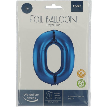 Folie Ballon Cijfer 0 Blauw Metallic XL 86cm leeg van Folat koop je bij Partywinkel