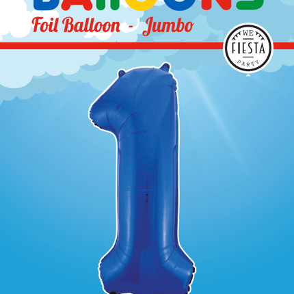 Folie Ballon Cijfer 1 Blauw XL 86cm leeg - Partywinkel - 5712735008255
