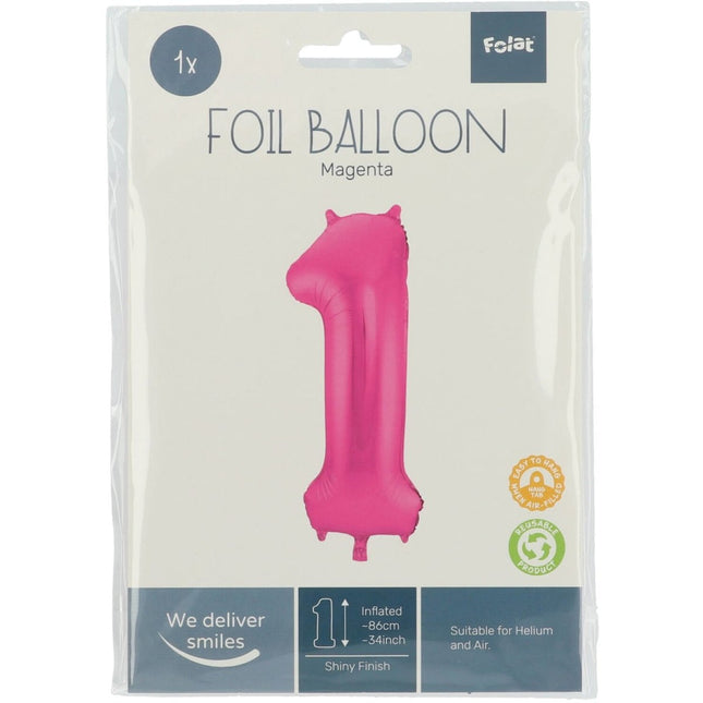 Folie Ballon Cijfer 1 Fuchsia Metallic XL 86cm leeg van Folat koop je bij Partywinkel