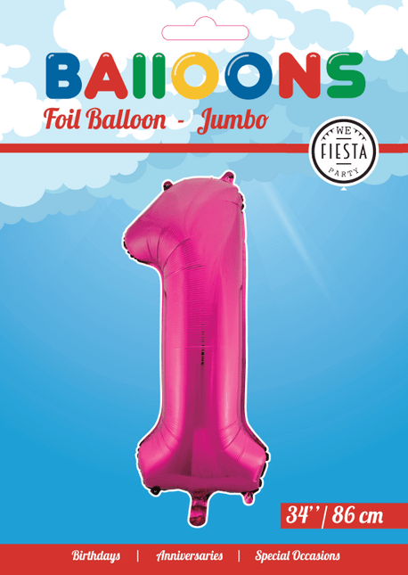Folie Ballon Cijfer 1 Fuchsia XL 86cm leeg - Partywinkel - 5712735008248