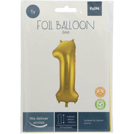 Folie Ballon Cijfer 1 Goud Metallic XL 86cm leeg van Folat koop je bij Partywinkel