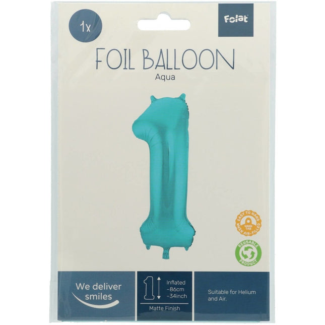 Folie Ballon Cijfer 1 Pastel Mintgroen XL 86cm leeg van Folat koop je bij Partywinkel