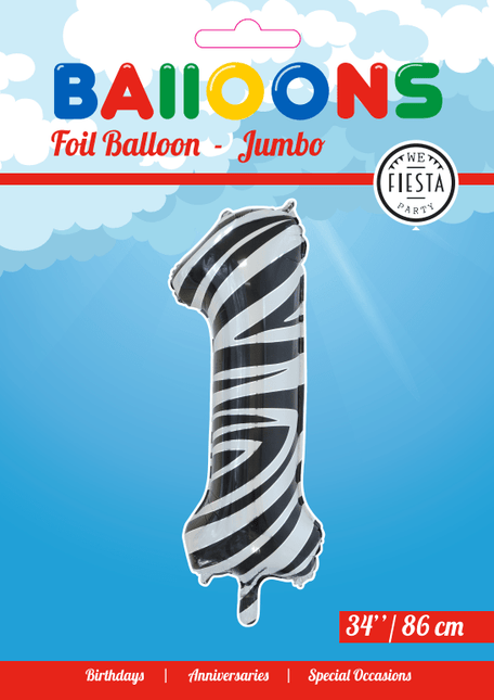 Folie Ballon Cijfer 1 Zebra XL 86cm leeg van WeFiesta koop je bij Partywinkel