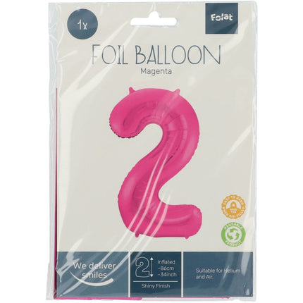 Folie Ballon Cijfer 2 Fuchsia Metallic XL 86cm leeg van Folat koop je bij Partywinkel