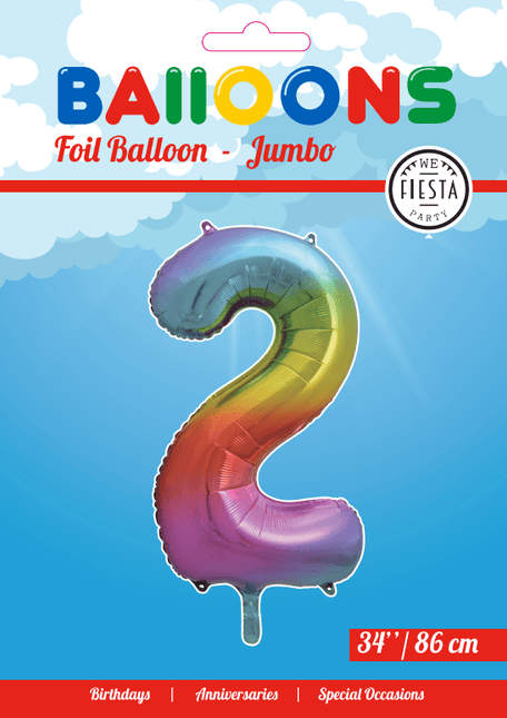 Folie Ballon Cijfer 2 Regenboog XL 86cm leeg van WeFiesta koop je bij Partywinkel