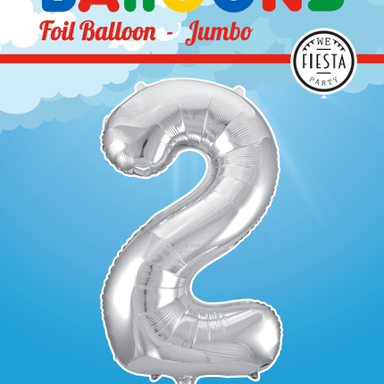 Folie Ballon Cijfer 2 Zilver XL 86cm leeg - Partywinkel - 5712735006596
