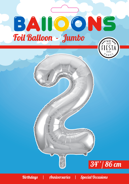 Folie Ballon Cijfer 2 Zilver XL 86cm leeg - Partywinkel - 5712735006596